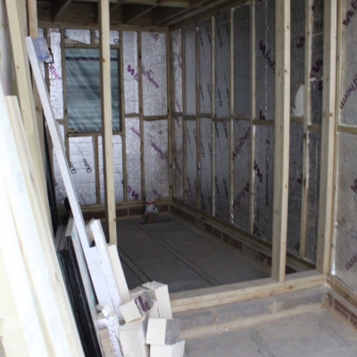 View of the internal insulation for new bathroom and window positioning