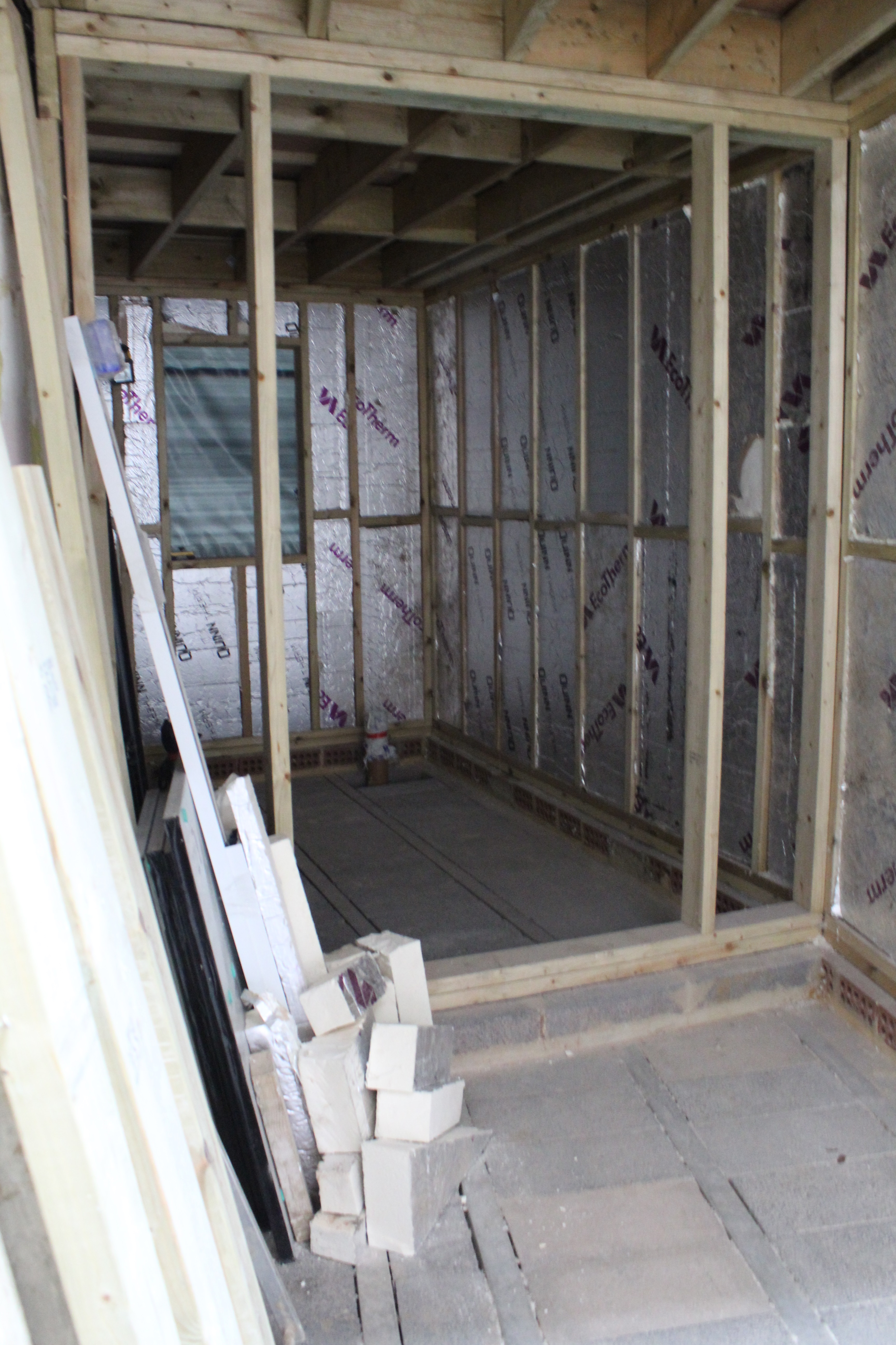 View of the internal insulation for new bathroom and window positioning
